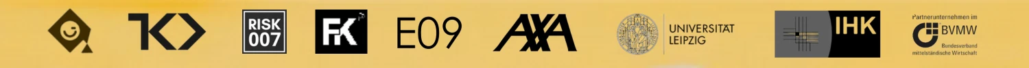 Mehrere Firmen- und Institutslogos, darunter AXA, Universität Leipzig und IHK, auf gelbem Hintergrund.